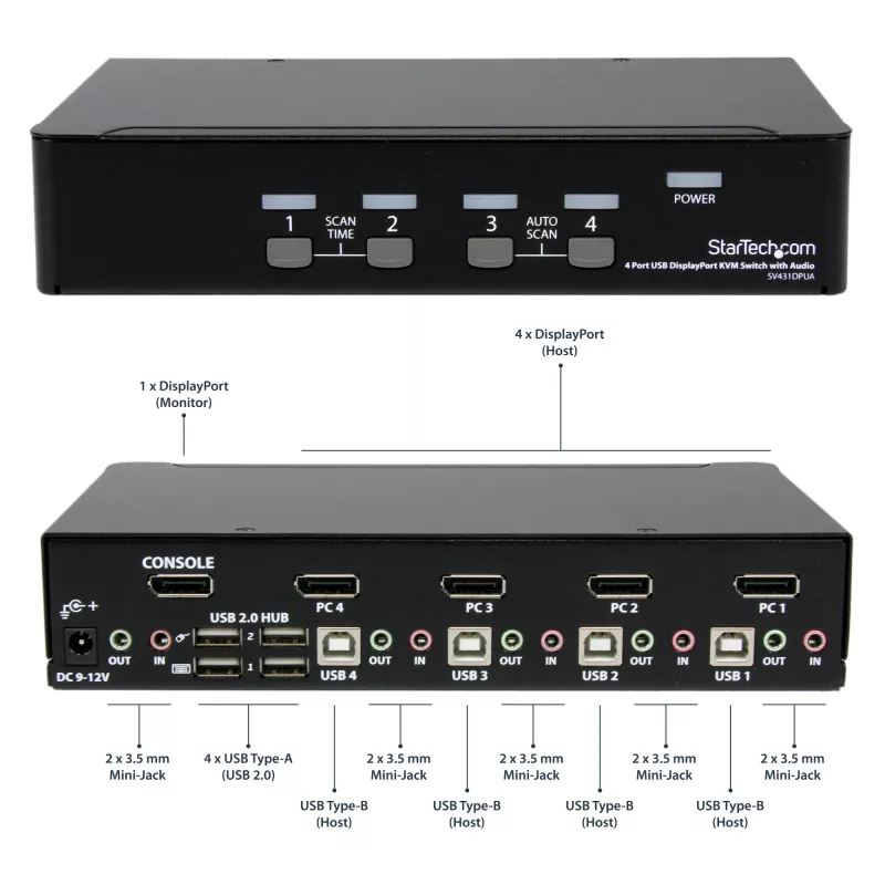 StarTech.com 4 Port DisplayPort KVM Switch - 4K 60Hz - Single Display - Dual Port UHD DP 1.2 USB KVM Switch with Integrated USB 2.0 Hub & Audio - Dell, HP, Apple, Lenovo - TAA Compliant