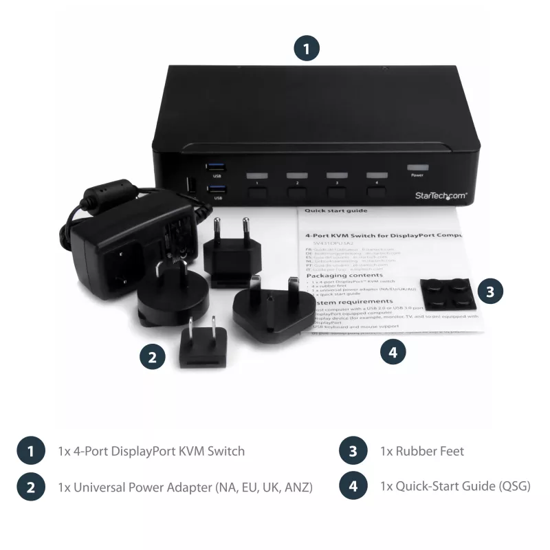 StarTech.com 4 Port DisplayPort KVM Switch - 4K 60Hz - Single Display - Dual Port UHD DP 1.2 USB KVM Switch with Integrated USB 2.0 Hub & Audio - Dell, HP, Apple, Lenovo - TAA Compliant