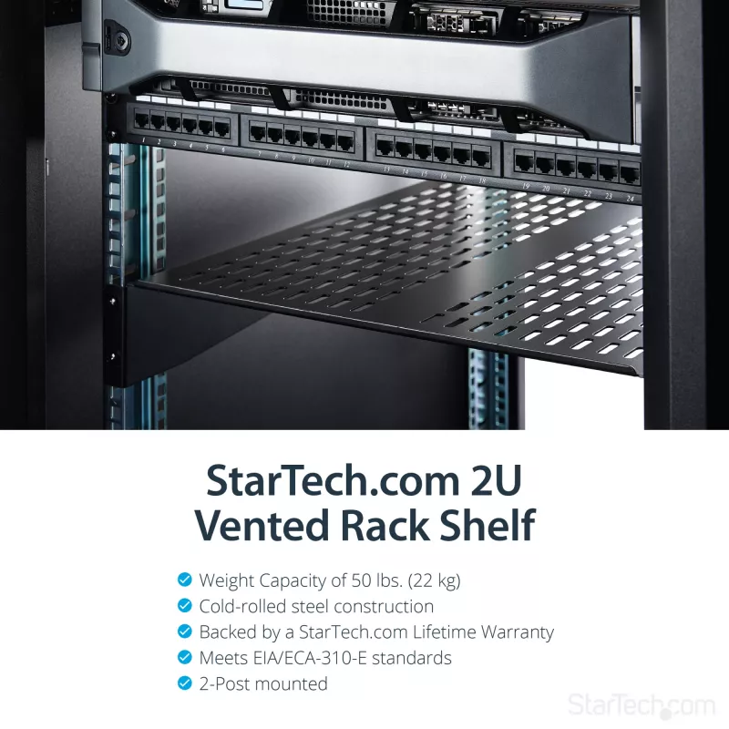 StarTech.com 2U Server Rack Shelf - Universal Vented Rack Mount Cantilever Tray for 19 inch Network Equipment Rack & Cabinet - Heavy Duty Steel – Weight Capacity 50lb/23kg - 22 inch Deep Shelf, Black
