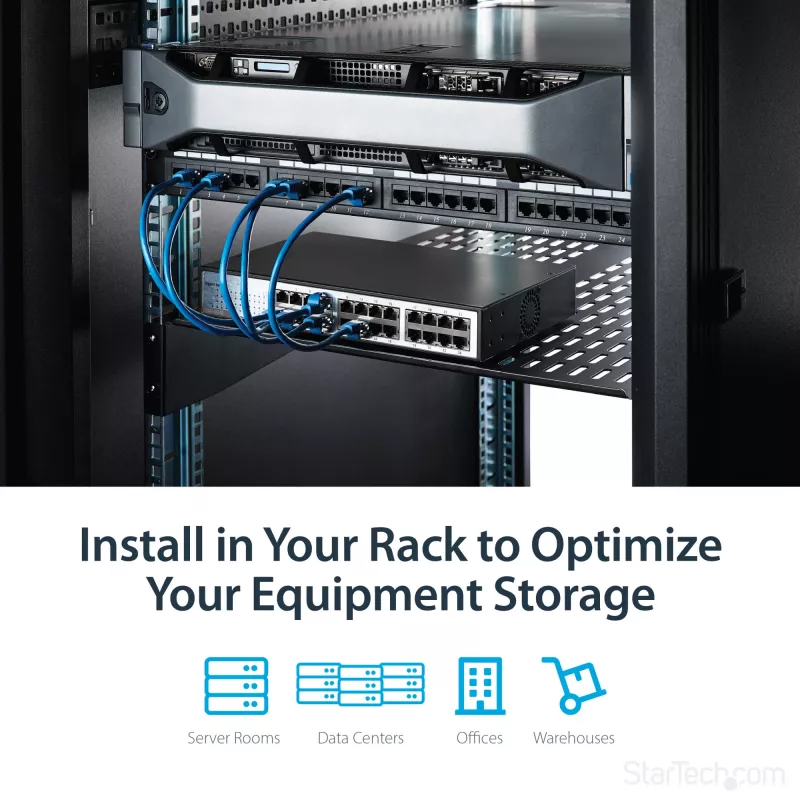StarTech.com 2U Server Rack Shelf - Universal Vented Rack Mount Cantilever Tray for 19 inch Network Equipment Rack & Cabinet - Heavy Duty Steel – Weight Capacity 50lb/23kg - 22 inch Deep Shelf, Black