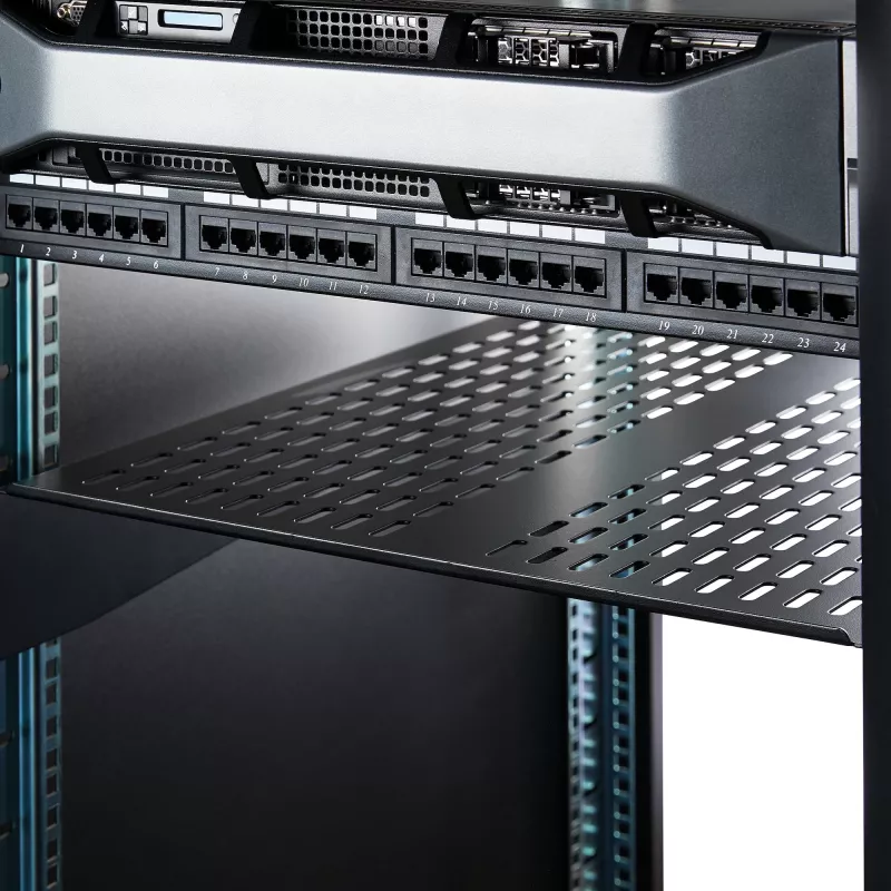 StarTech.com 2U Server Rack Shelf - Universal Vented Rack Mount Cantilever Tray for 19 inch Network Equipment Rack & Cabinet - Heavy Duty Steel – Weight Capacity 50lb/23kg - 22 inch Deep Shelf, Black