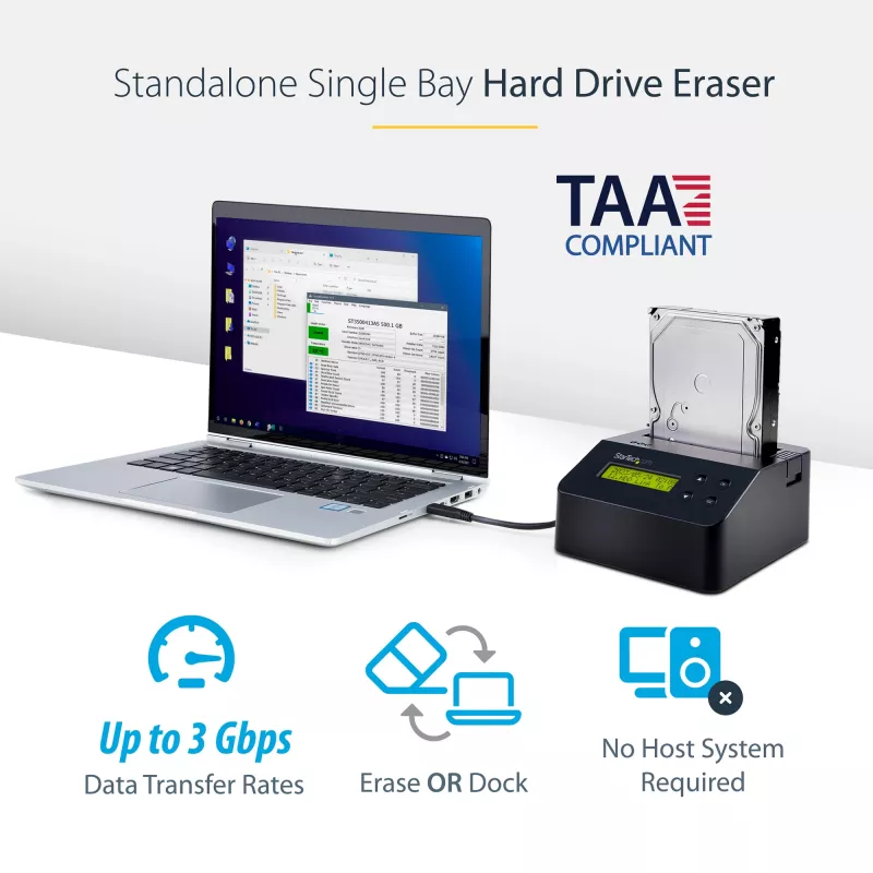 StarTech.com Single Bay Hard Drive Eraser, Standalone HDD/SSD Sanitizer, USB 3.0 to SATA II (3 Gbps), 9 Erase Modes, LCD Display, Secure Erase Hard Disk Sanitizer Dock, DB-9 Printer Port, TAA Compliant