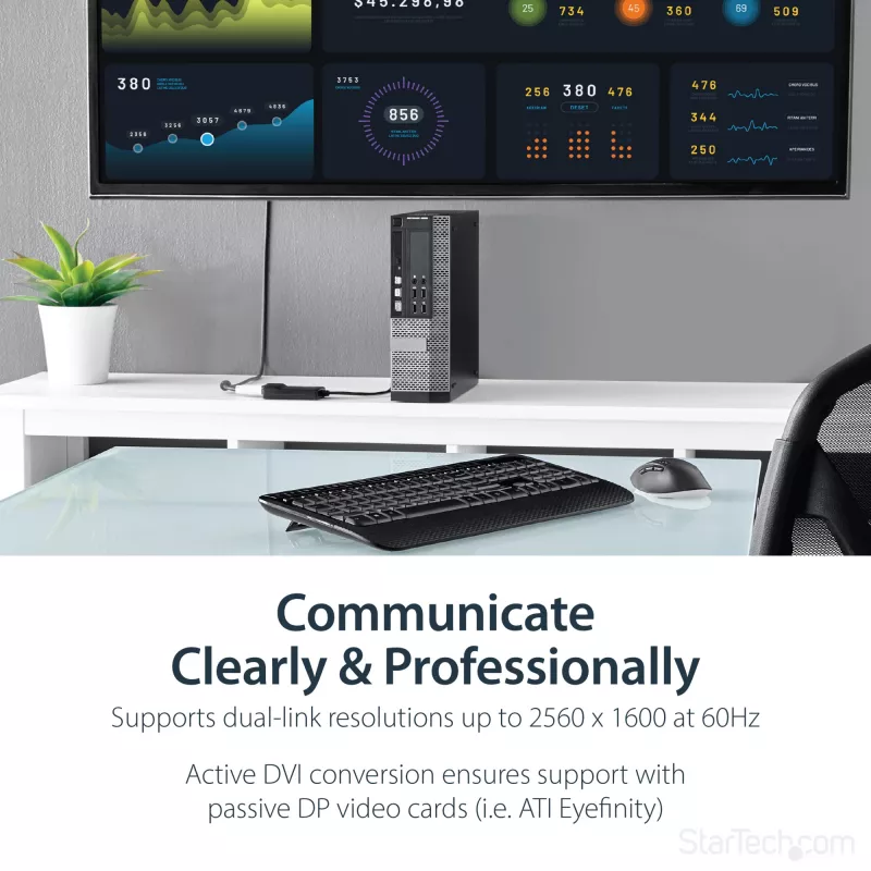 StarTech.com DisplayPort to DVI Dual Link Active Adapter - DisplayPort to DVI-D Adapter Video Converter 2560x1600 60Hz - DP 1.2 to DVI Monitor - USB Powered - Latching DP Connector