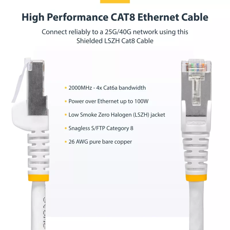 StarTech.com 2m White CAT8 Ethernet Cable, Snagless RJ45, 25G/40G, 2000MHz, 100W PoE++, S/FTP, 26AWG Pure Bare Copper Wire, LSZH, Shielded Network Patch Cord w/Strain Reliefs, Individually Tested