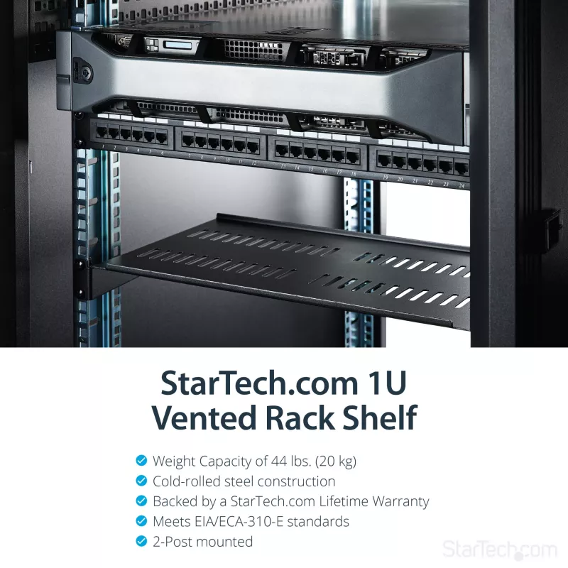 StarTech.com 1U Server Rack Shelf - Universal Vented Rack Mount Cantilever Tray for 19 inch Network Equipment Rack & Cabinet - Heavy Duty Steel - Weight Capacity 44lb/20kg - 10 inch Deep Shelf, Black