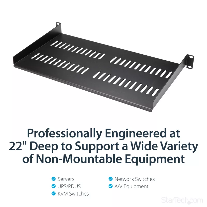 StarTech.com 1U Server Rack Shelf - Universal Vented Rack Mount Cantilever Tray for 19 inch Network Equipment Rack & Cabinet - Heavy Duty Steel - Weight Capacity 44lb/20kg - 10 inch Deep Shelf, Black