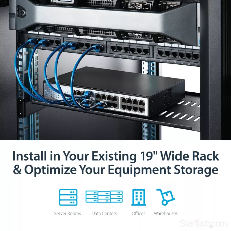 StarTech.com 1U Server Rack Shelf - Universal Vented Rack Mount Cantilever Tray for 19 inch Network Equipment Rack & Cabinet - Heavy Duty Steel - Weight Capacity 44lb/20kg - 10 inch Deep Shelf, Black