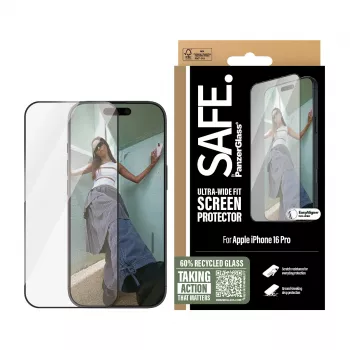 PanzerGlass SAFE. by ® Screen Protection w. Black Frame iPhone 16 Pro | Ultra-Wide Fit