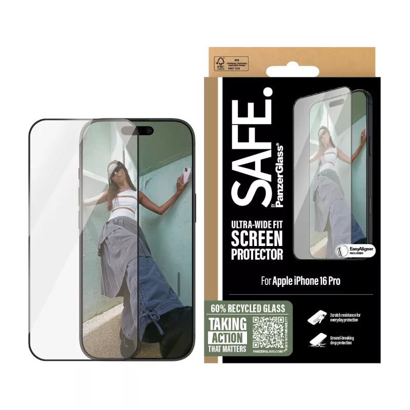 PanzerGlass SAFE. by ® Screen Protection w. Black Frame iPhone 16 Pro | Ultra-Wide Fit