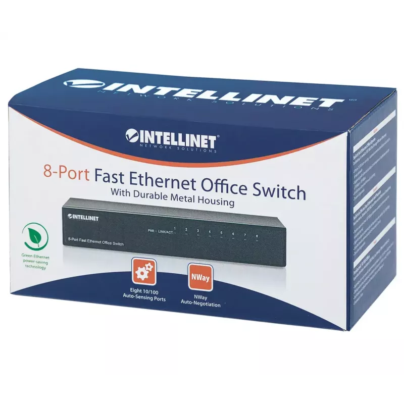 Intellinet 8-Port Fast Ethernet Office Switch, Desktop Size, Metal, IEEE 802.3az (Energy Efficient Ethernet), Box