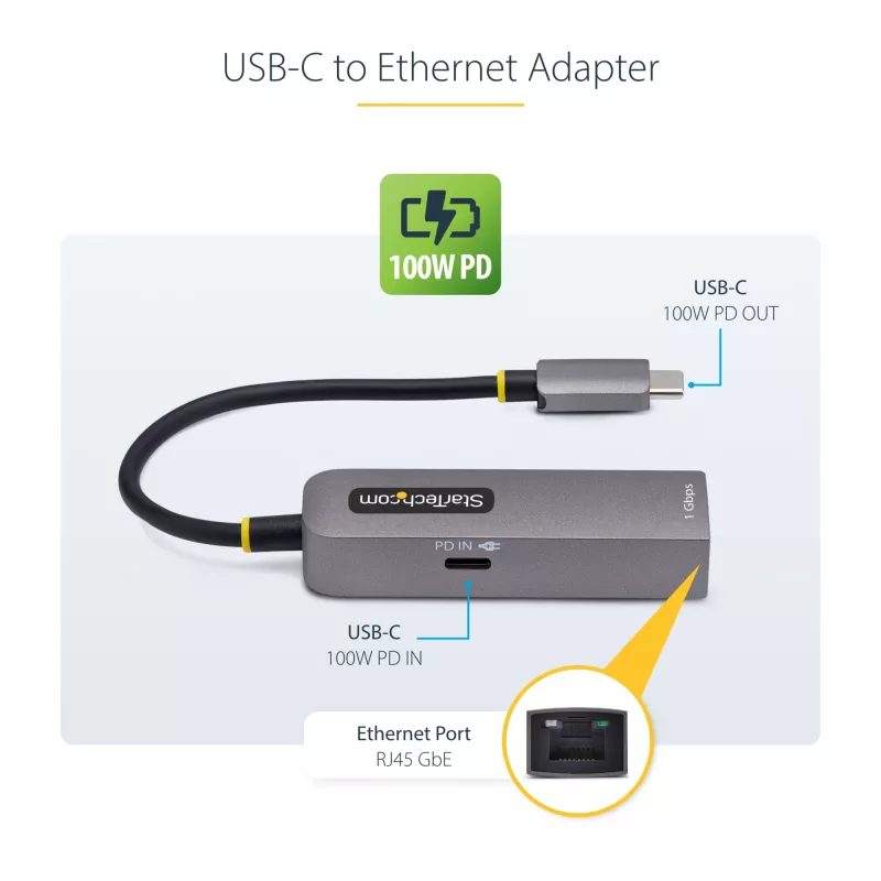 StarTech.com USB-C to Ethernet Adapter, NIC, 100W PD Pass-Through, USB 3.0 Type-C 1Gbps Multi Speed Network Adapter, Thunderbolt Compatible, Windows & Mac
