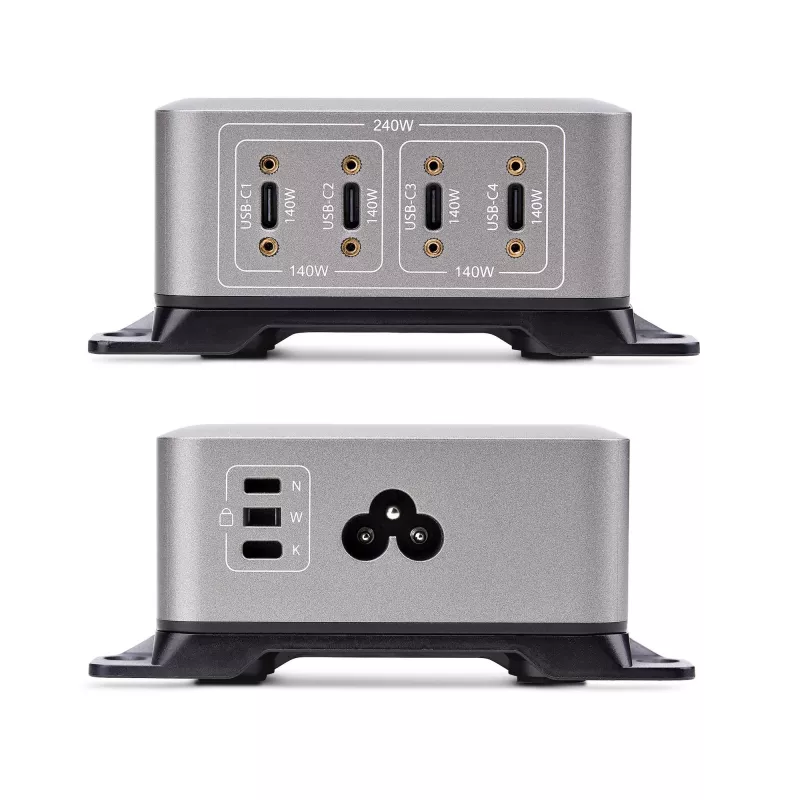 StarTech.com 4-Port Multi-Device USB-C Charger, 240W Total, Single Port 140W EPR, PD 3.1, Screw Locking Ports, Boardrooms, Bracket incl. for Surface Mounting