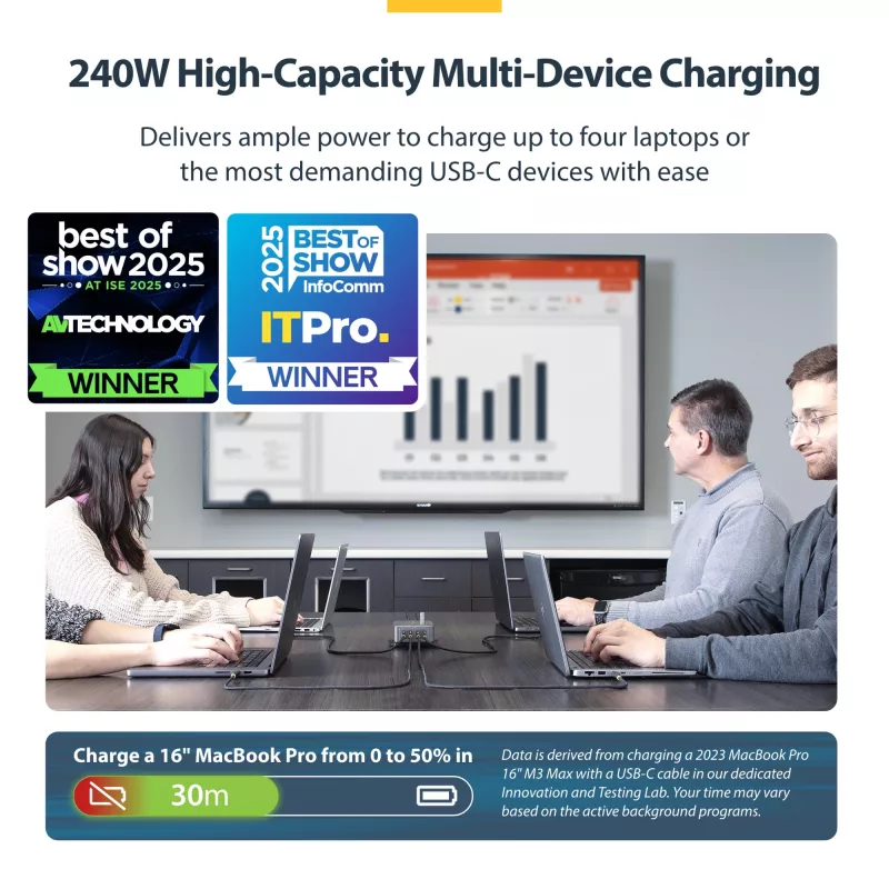 StarTech.com 4-Port Multi-Device USB-C Charger, 240W Total, Single Port 140W EPR, PD 3.1, Screw Locking Ports, Boardrooms, Bracket incl. for Surface Mounting