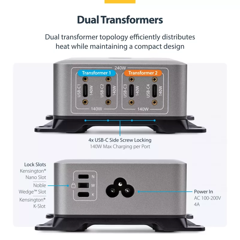 StarTech.com 4-Port Multi-Device USB-C Charger, 240W Total, Single Port 140W EPR, PD 3.1, Screw Locking Ports, Boardrooms, Bracket incl. for Surface Mounting