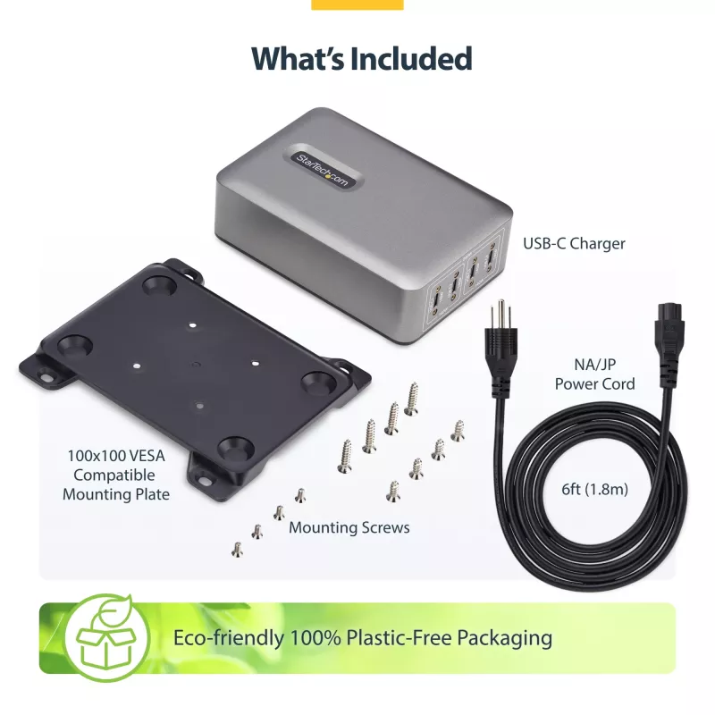 StarTech.com 4-Port Multi-Device USB-C Charger, 240W Total, Single Port 140W EPR, PD 3.1, Screw Locking Ports, Boardrooms, Bracket incl. for Surface Mounting