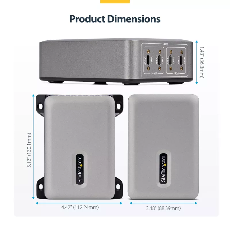 StarTech.com 4-Port Multi-Device USB-C Charger, 240W Total, Single Port 140W EPR, PD 3.1, Screw Locking Ports, Boardrooms, Bracket incl. for Surface Mounting
