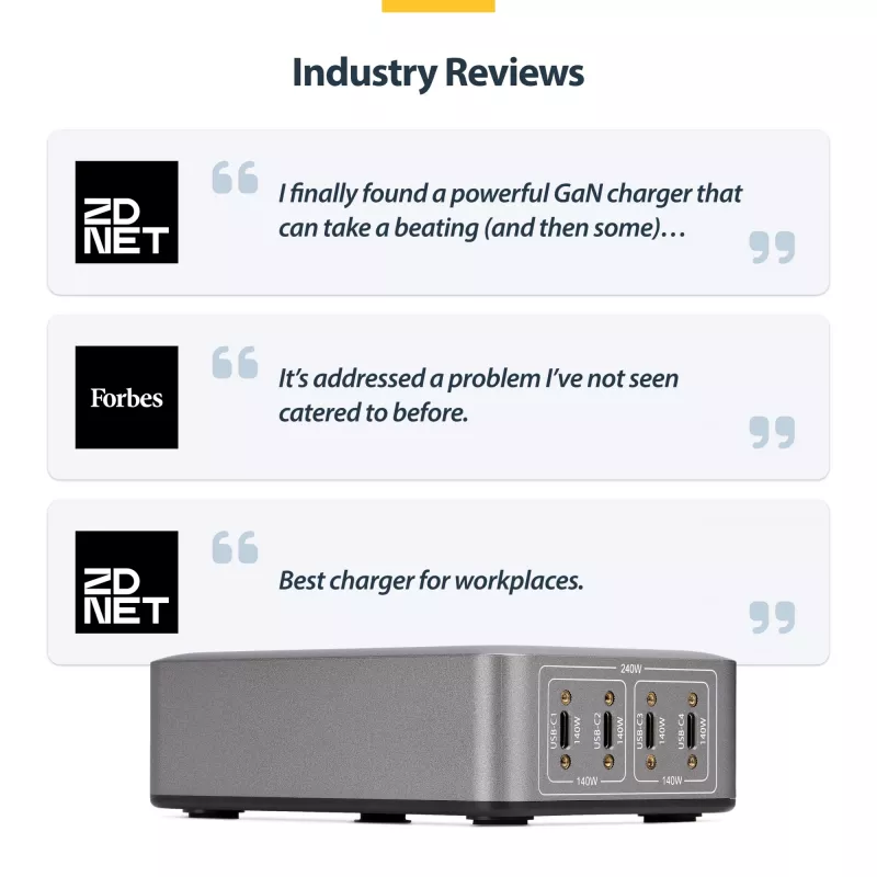 StarTech.com 4-Port Multi-Device USB-C Charger, 240W Total, Single Port 140W EPR, PD 3.1, Screw Locking Ports, Boardrooms, Bracket incl. for Surface Mounting