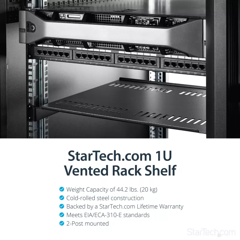 StarTech.com 1U Server Rack Shelf - Universal Vented Rack Mount Cantilever Tray for 19 inch Network Equipment Rack & Cabinet - Heavy Duty Steel – Weight Capacity 44lb/20kg - 16 inch Deep Shelf, Black