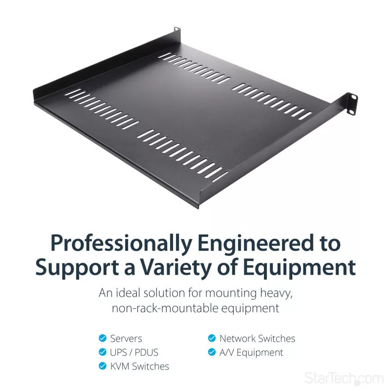 StarTech.com 1U Server Rack Shelf - Universal Vented Rack Mount Cantilever Tray for 19 inch Network Equipment Rack & Cabinet - Heavy Duty Steel – Weight Capacity 44lb/20kg - 16 inch Deep Shelf, Black
