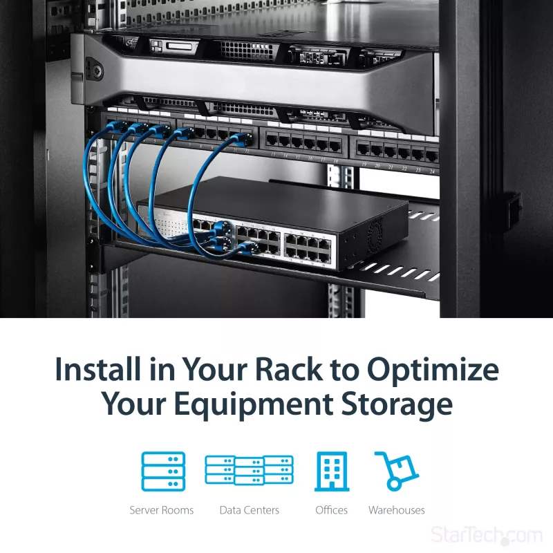 StarTech.com 1U Server Rack Shelf - Universal Vented Rack Mount Cantilever Tray for 19 inch Network Equipment Rack & Cabinet - Heavy Duty Steel – Weight Capacity 44lb/20kg - 16 inch Deep Shelf, Black