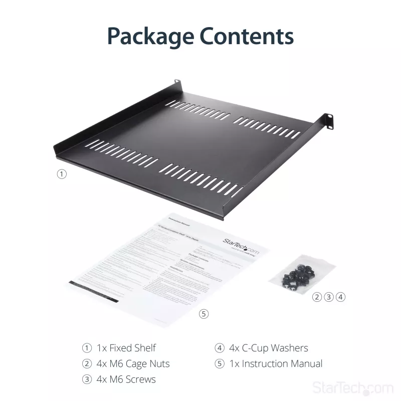 StarTech.com 1U Server Rack Shelf - Universal Vented Rack Mount Cantilever Tray for 19 inch Network Equipment Rack & Cabinet - Heavy Duty Steel – Weight Capacity 44lb/20kg - 16 inch Deep Shelf, Black