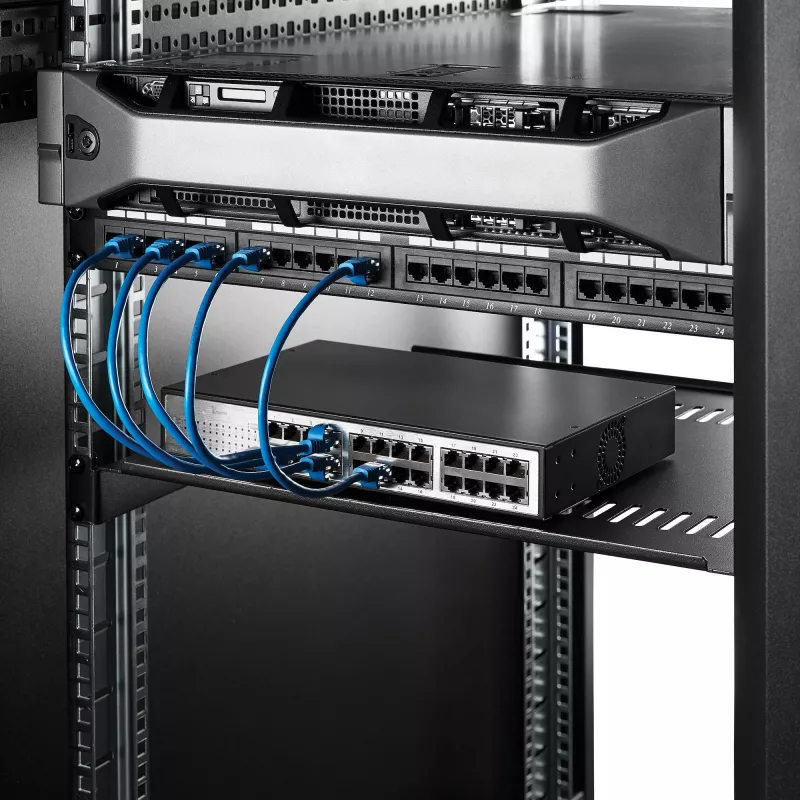 StarTech.com 1U Server Rack Shelf - Universal Vented Rack Mount Cantilever Tray for 19 inch Network Equipment Rack & Cabinet - Heavy Duty Steel – Weight Capacity 44lb/20kg - 16 inch Deep Shelf, Black