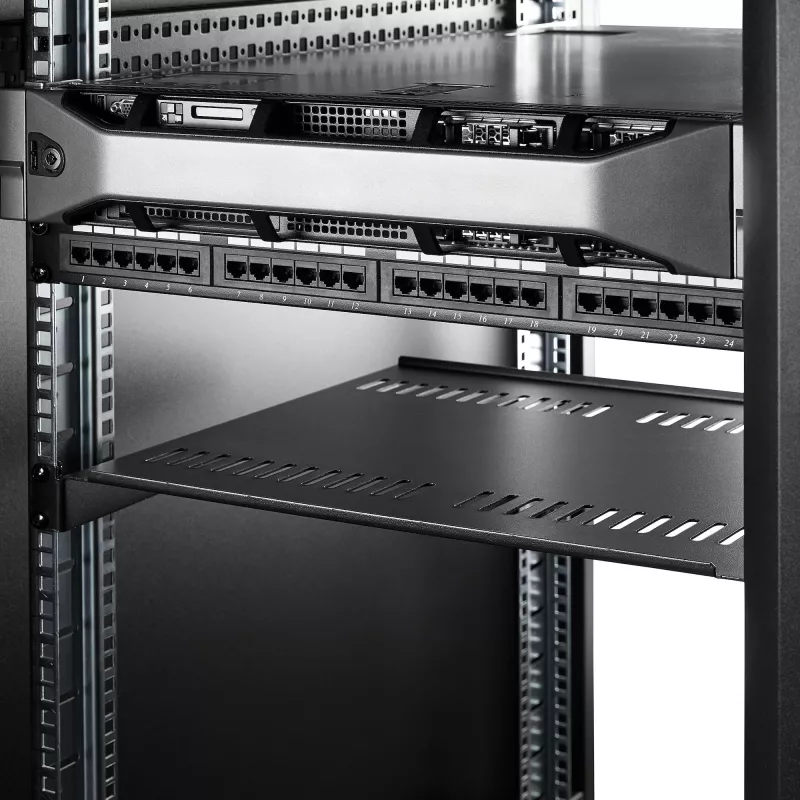StarTech.com 1U Server Rack Shelf - Universal Vented Rack Mount Cantilever Tray for 19 inch Network Equipment Rack & Cabinet - Heavy Duty Steel – Weight Capacity 44lb/20kg - 16 inch Deep Shelf, Black