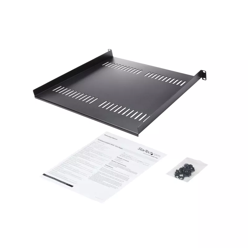 StarTech.com 1U Server Rack Shelf - Universal Vented Rack Mount Cantilever Tray for 19 inch Network Equipment Rack & Cabinet - Heavy Duty Steel – Weight Capacity 44lb/20kg - 16 inch Deep Shelf, Black