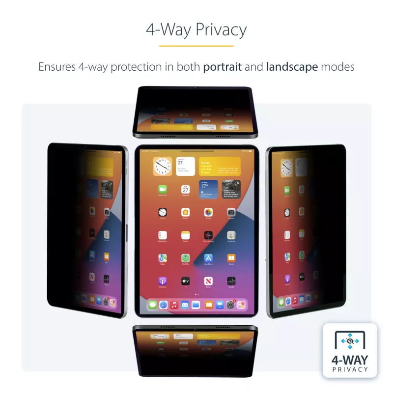 StarTech.com 4-Way Privacy Screen For 12.9-inch iPad Pro, 3rd Gen and Up, For Portrait/Landscape, Touch-Enabled, +/- 30 Deg. View, Blocks up to 51% Blue Light, Matte
