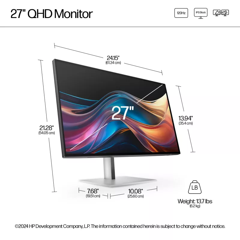 HP Series 7 Pro 27 inch QHD Monitor - 727pq, 68.6 cm (27 inch), 2560 x 1440 pixels, Quad HD, LCD, 5 ms, Black