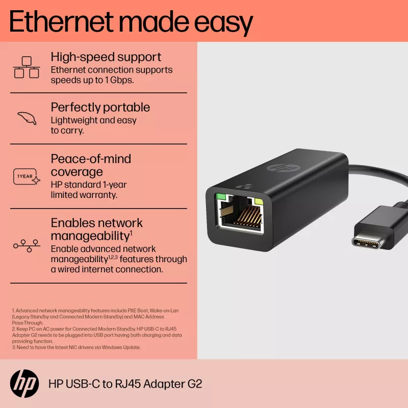 HP USB-C to RJ45 Adapter G2, Wired, USB Type-C, Black, China, Home, Windows 10, Windows 11