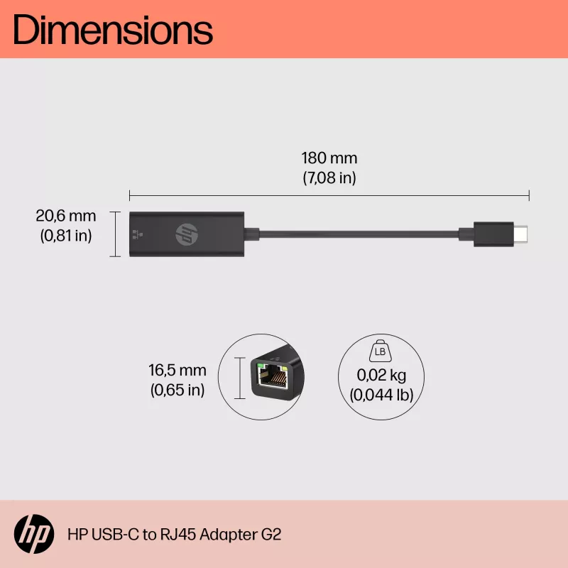 HP USB-C to RJ45 Adapter G2, Wired, USB Type-C, Black, China, Home, Windows 10, Windows 11