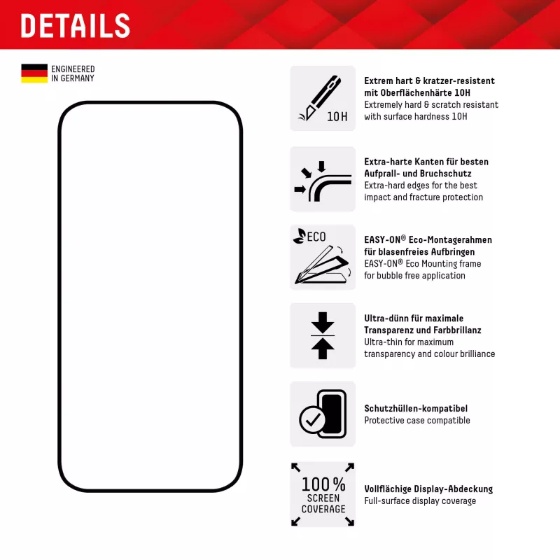 Displex Full Cover Screen Protector (10H) for Apple iPhone 15 Plus/15 Pro Max, Eco Mounting Frame, Full Cover