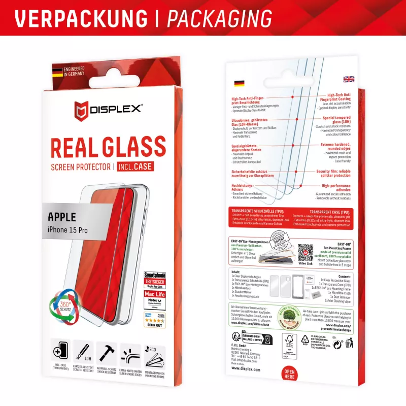 Displex Screen Protector + Case for Apple iPhone 15 Pro, Eco Mounting Frame, scratch resistant