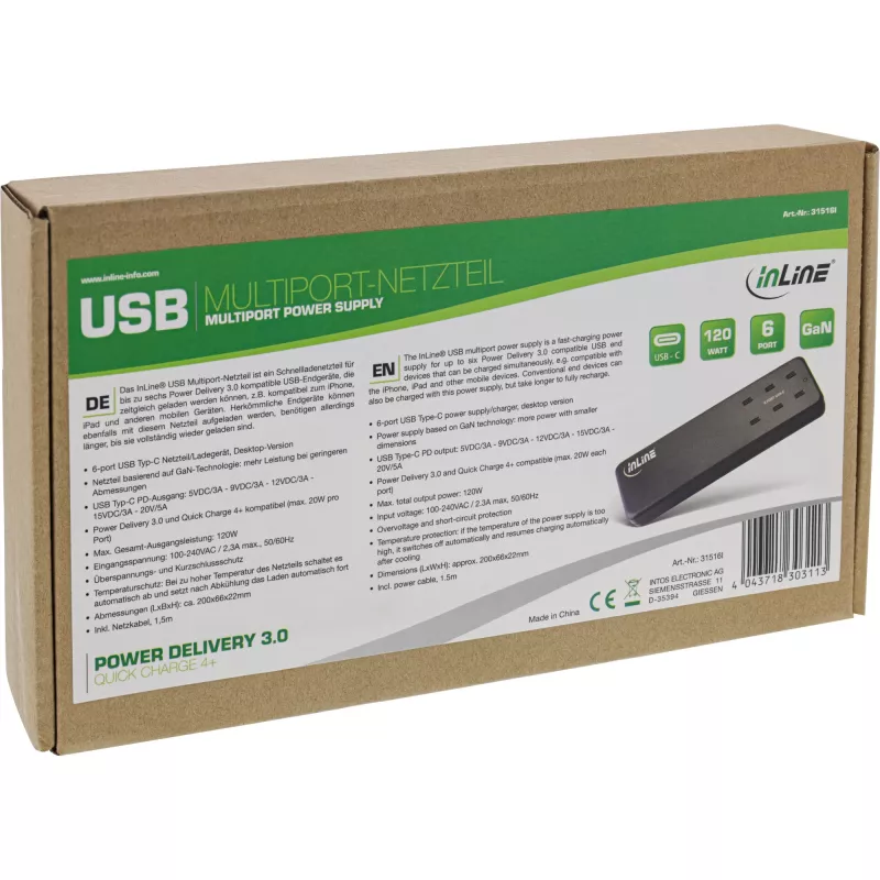 InLine Multiport power supply, charger, 6x USB-C, PD 3.0, GaN, black