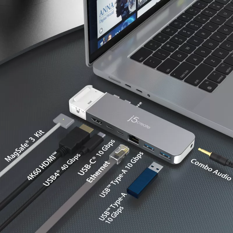USB Hub j5create JCD395 4K60 Elite Pro Wired USB4 with MagSafe Kit