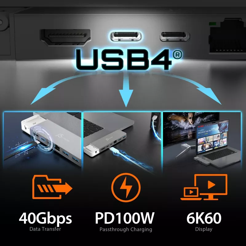 USB Hub j5create JCD395 4K60 Elite Pro Wired USB4 with MagSafe Kit