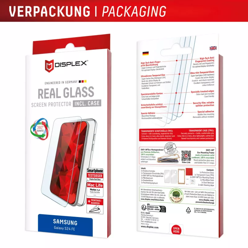 Displex Screen Protector (10H) for Samsung Galaxy S24 FE, Eco Mounting Frame, scratch resistant