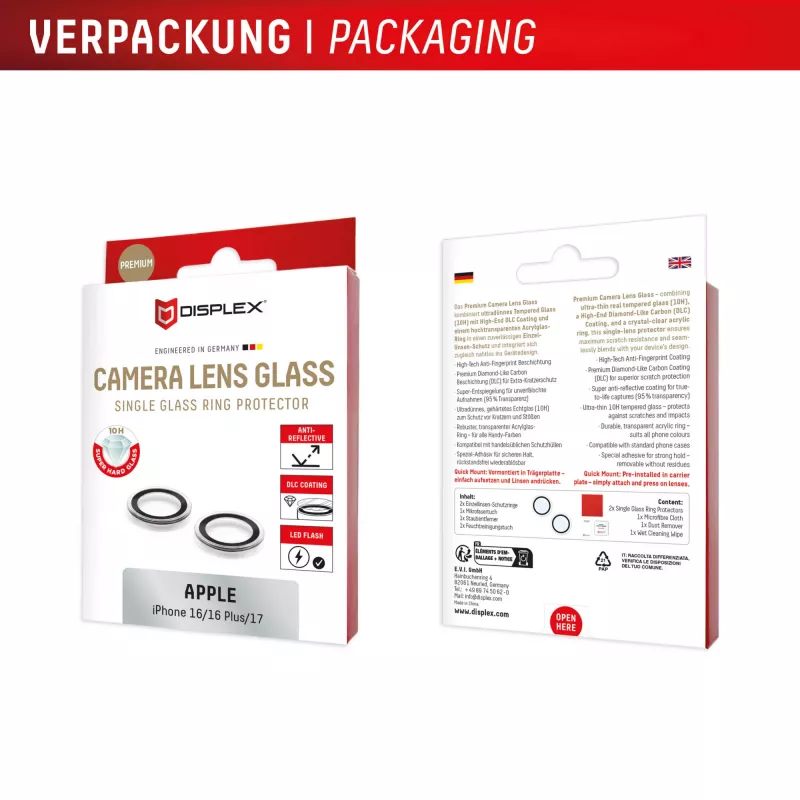 Displex Premium Camera Lens Glass, iPhone 16/16 Plus/17 Glas, 10H, Single Rings, DLC, transparent, Quick Mount