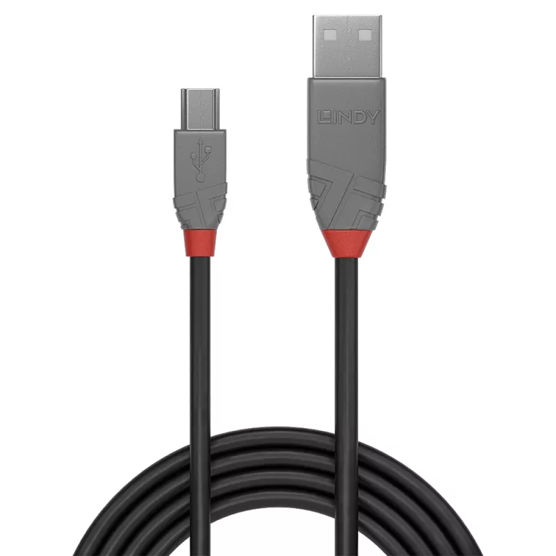 Lindy 1m USB 2.0 Type A to Mini-B Cable, Anthra Line, 1 m, USB A, Mini-USB B, USB 2.0, 0.48 Gbit/s, Black, Grey