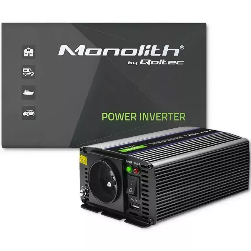 Power inverter QOLTEC Monolith 600 MS Wave 12V to 230V 600W, pure/sine or modified wave as specified
