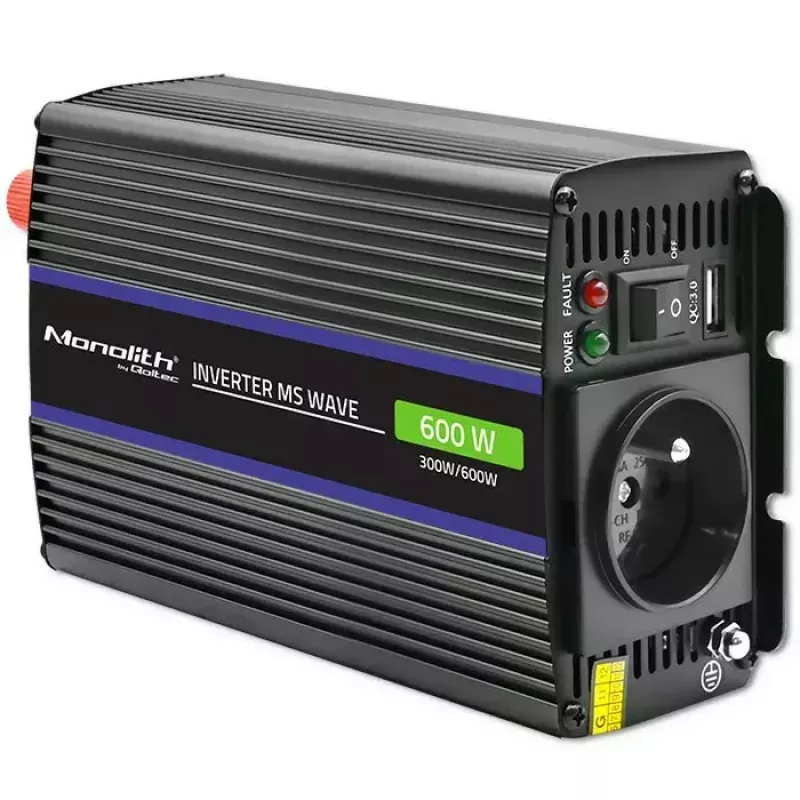 Power inverter QOLTEC Monolith 600 MS Wave 12V to 230V 600W, pure/sine or modified wave as specified