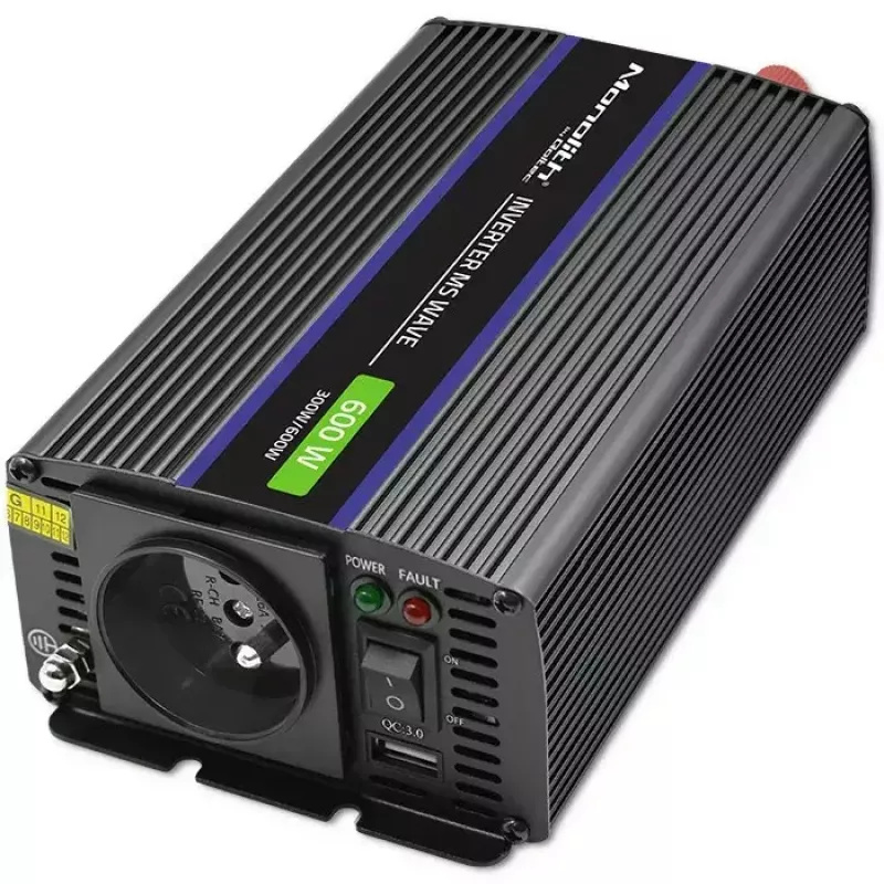 Power inverter QOLTEC Monolith 600 MS Wave 12V to 230V 600W, pure/sine or modified wave as specified