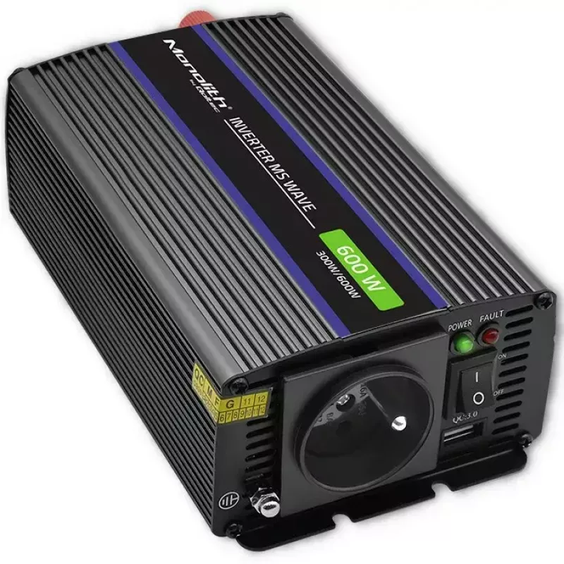 Power inverter QOLTEC Monolith 600 MS Wave 12V to 230V 600W, pure/sine or modified wave as specified