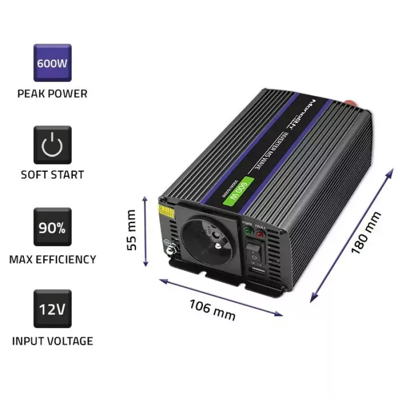 Power inverter QOLTEC Monolith 600 MS Wave 12V to 230V 600W, pure/sine or modified wave as specified