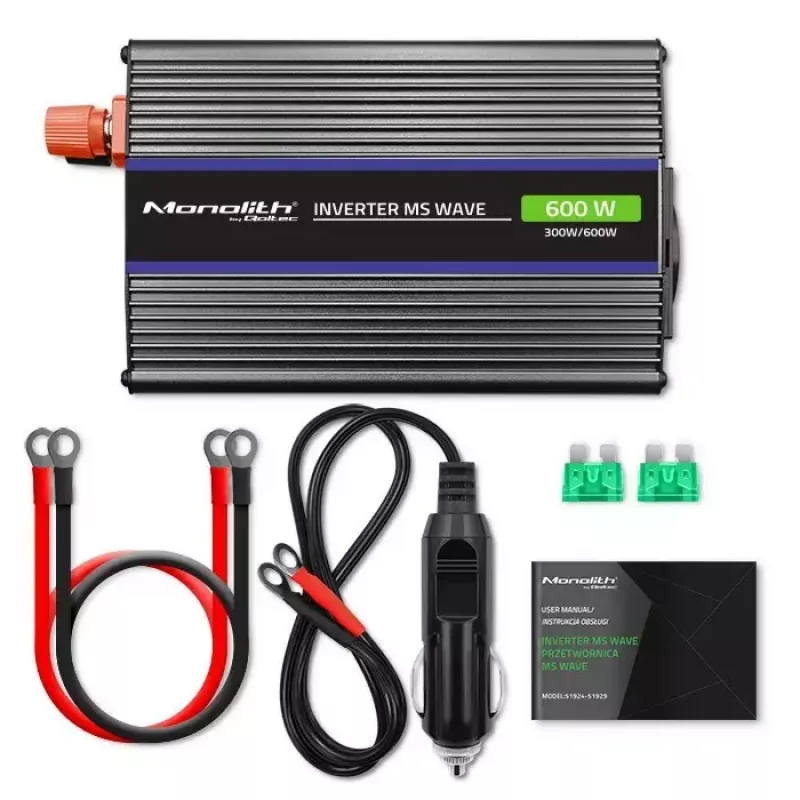 Power inverter QOLTEC Monolith 600 MS Wave 12V to 230V 600W, pure/sine or modified wave as specified