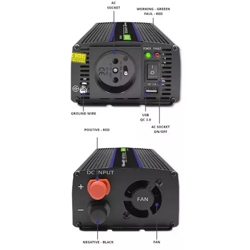 Power inverter QOLTEC Monolith 600 MS Wave 12V to 230V 600W, pure/sine or modified wave as specified