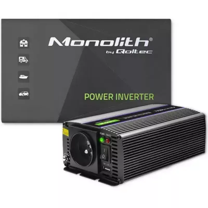 Power inverter QOLTEC Monolith 600 W — 12 V to 230 V, USB PD 18 W, car/indoor, black
