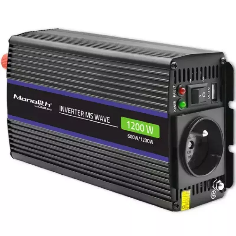 Power inverter QOLTEC Monolith 600 W — 12 V to 230 V, USB PD 18 W, car/indoor, black
