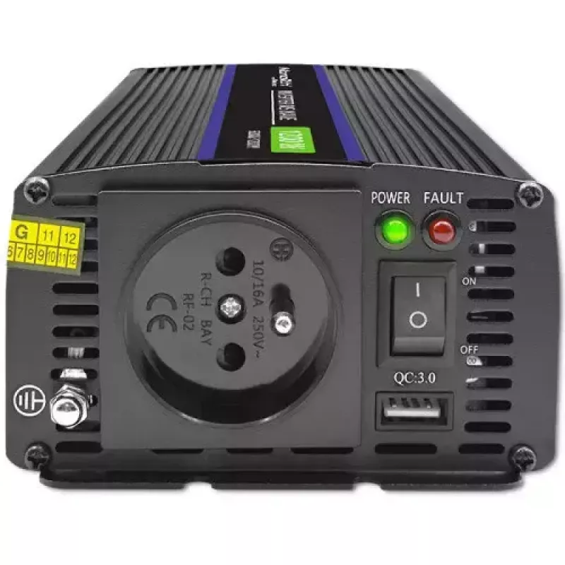 Power inverter QOLTEC Monolith 600 W — 12 V to 230 V, USB PD 18 W, car/indoor, black